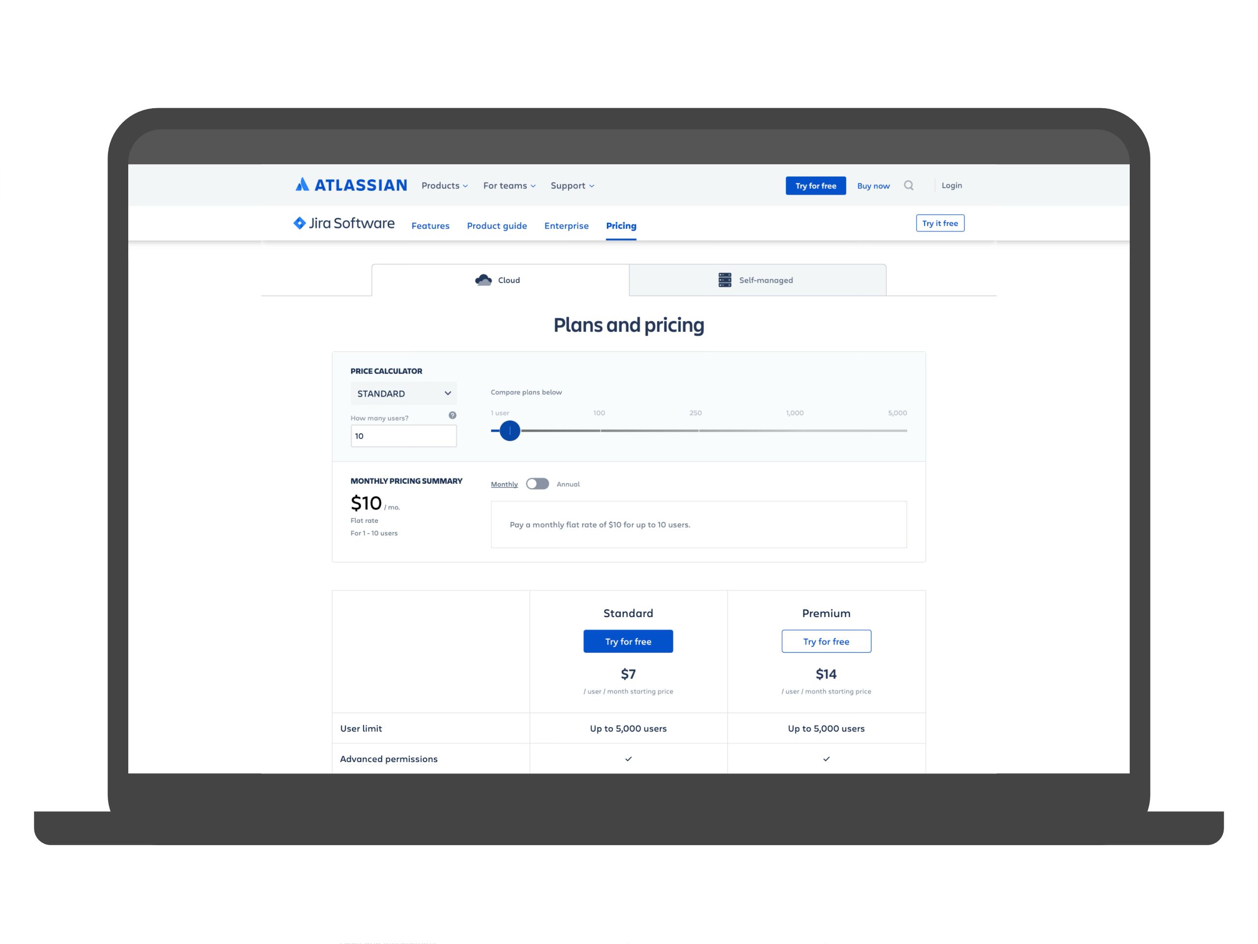 laptop screen with Atlassian buyer experience for Jira Software cloud plans featuring a pricing calculator