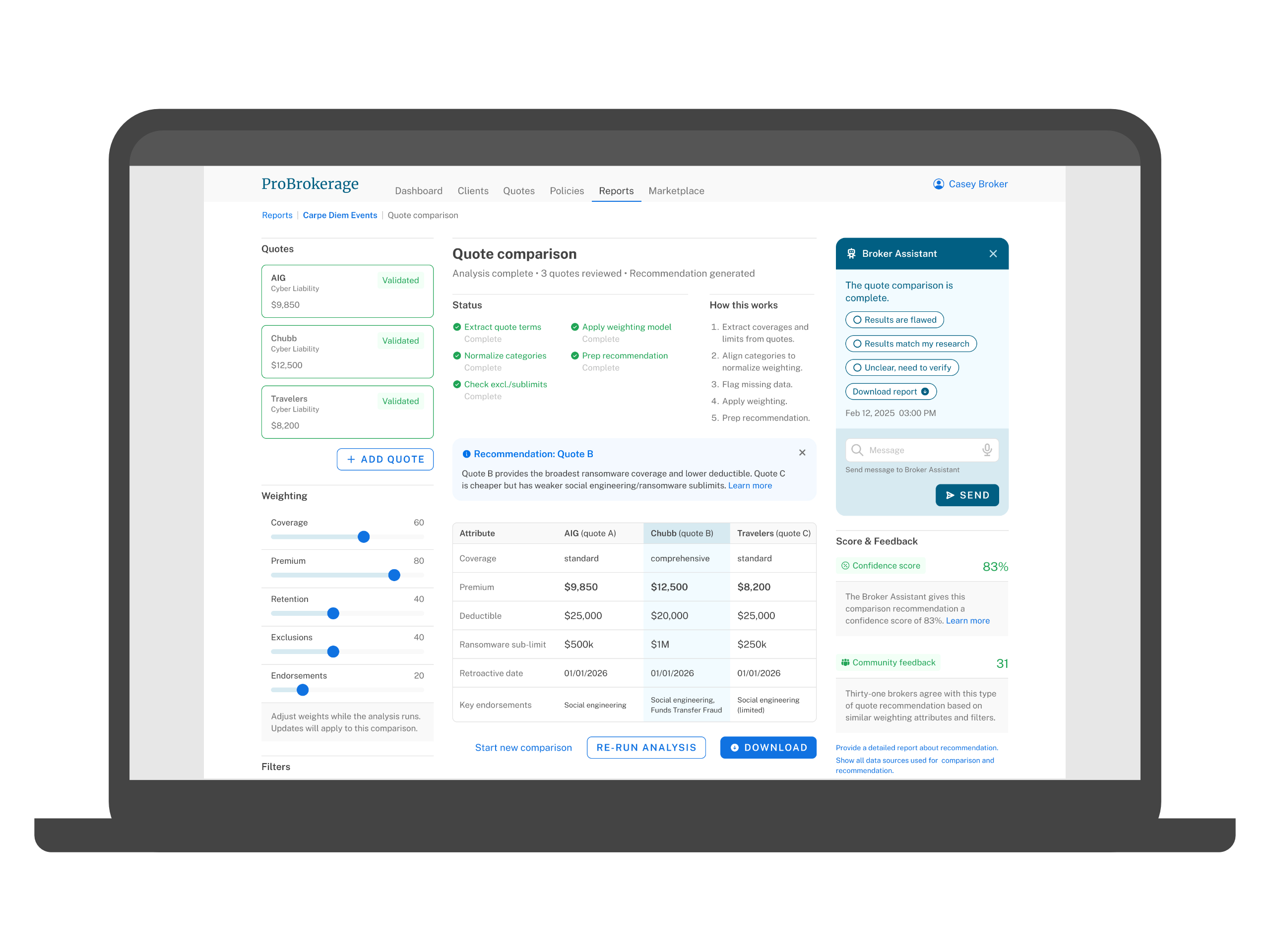 picture of a prototype for proposed AI-enabled broker assistant displaying a comparison for three insurance quotes