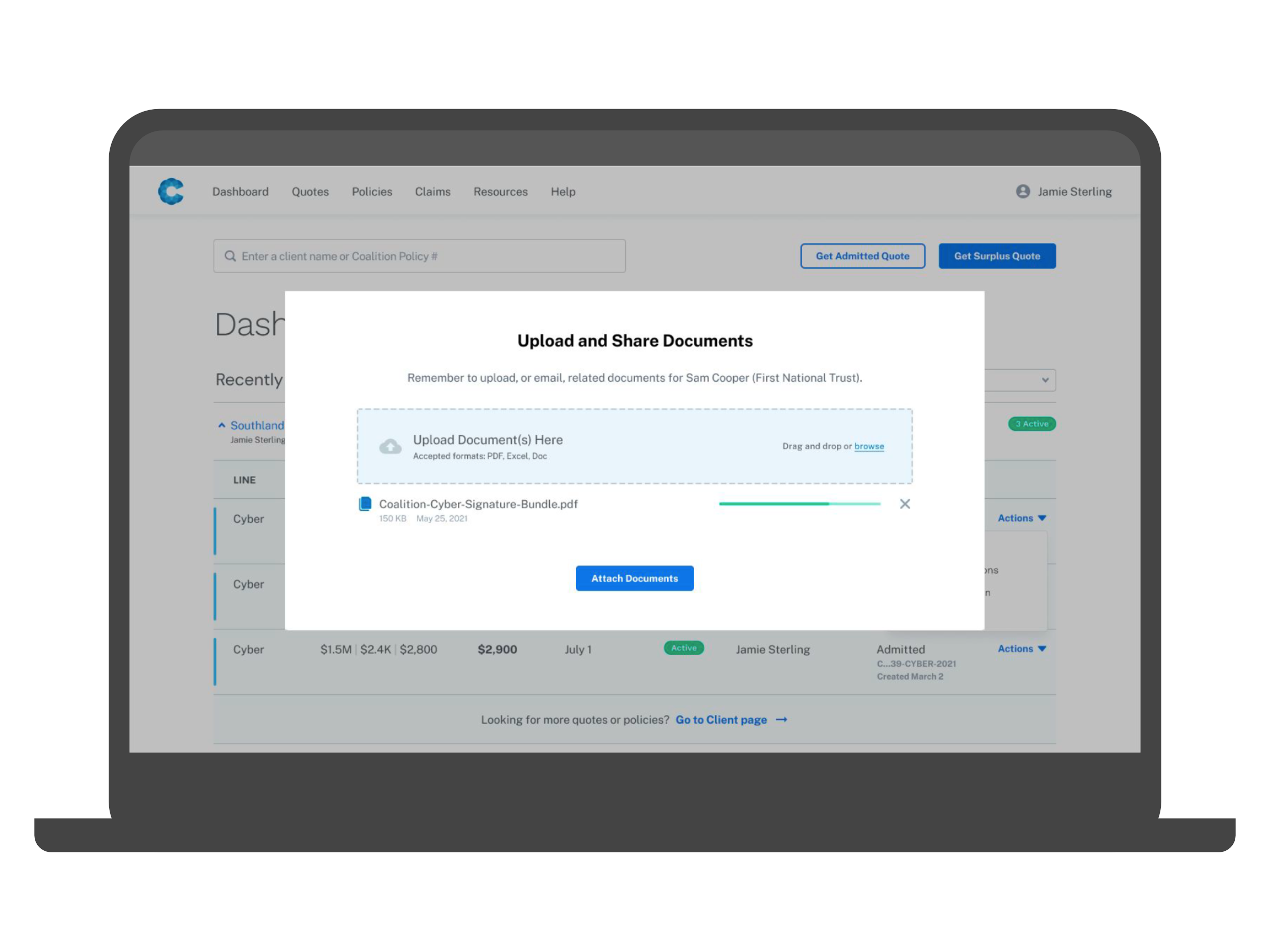 laptop screen with insurance broker platform displaying modal to upload and share documents for review