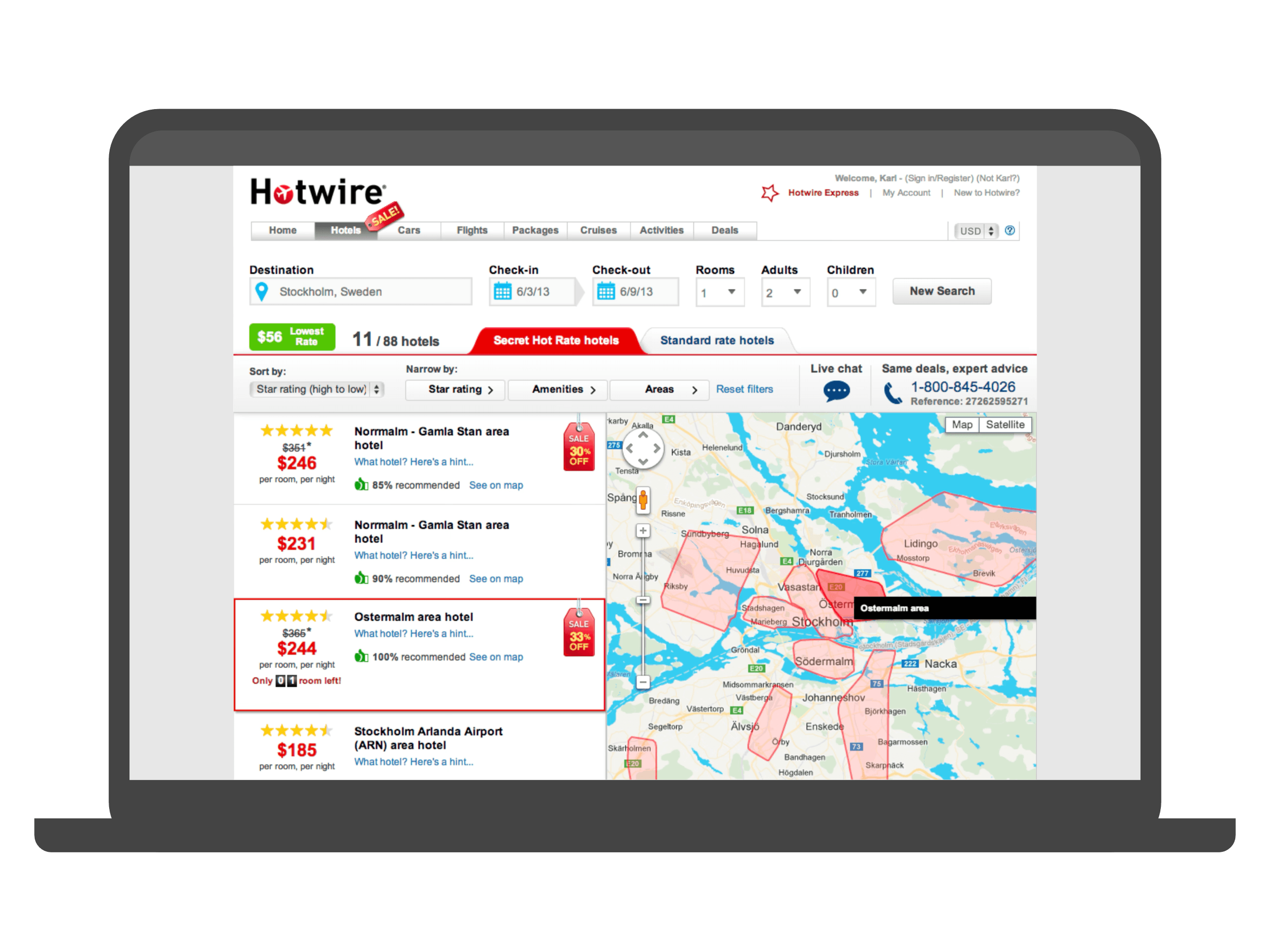 laptop showing the Hotwire Hotels user interface featuring mapped search results