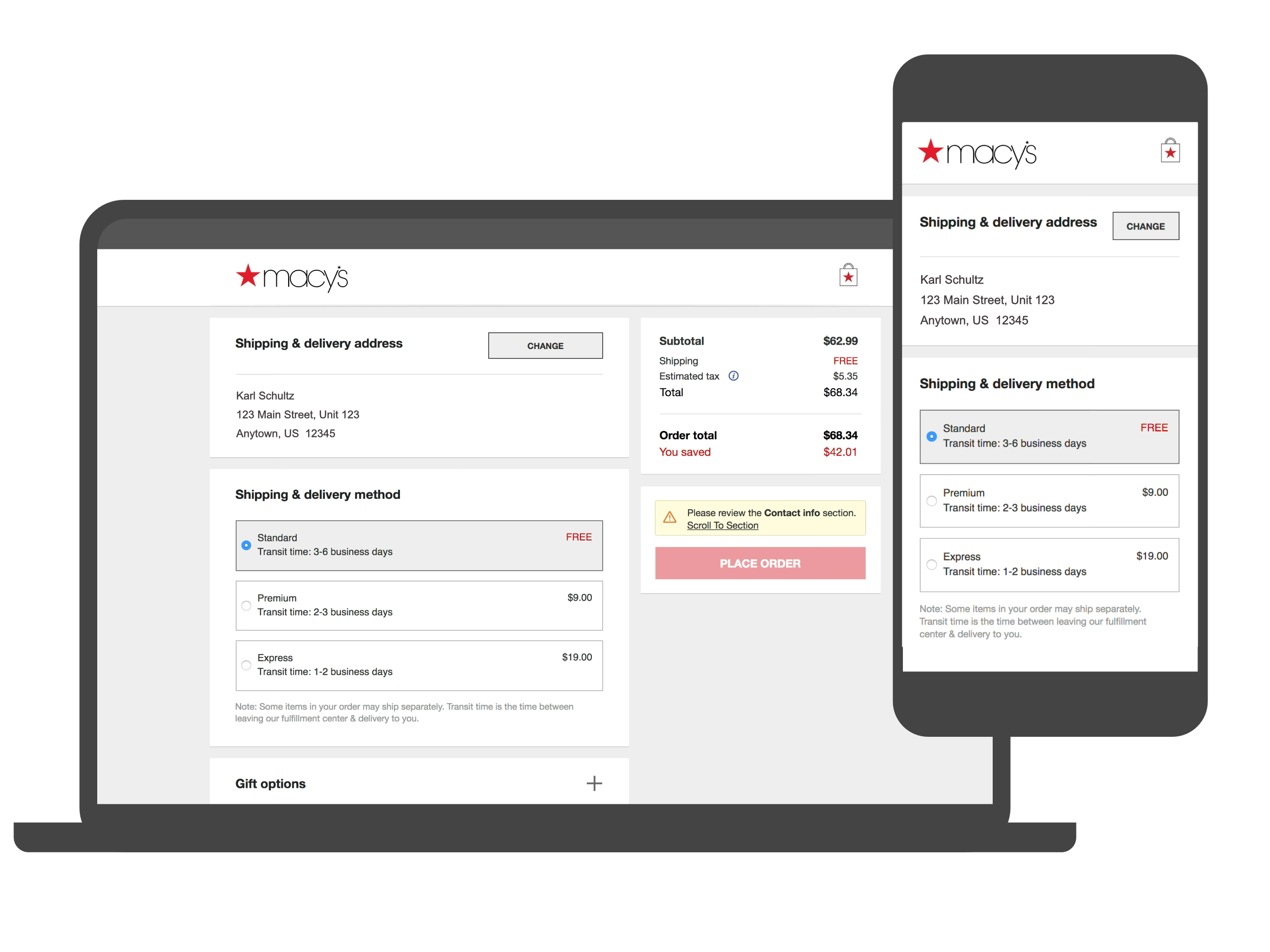 picture showing the Macys checkout experience on laptop and mobile screens