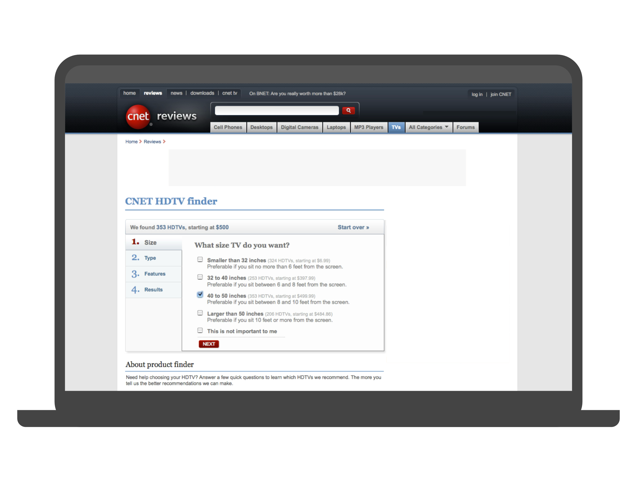 laptop with CNET Reviews TV product finder featuring in-line questions to help consumer narrow down the best product choices