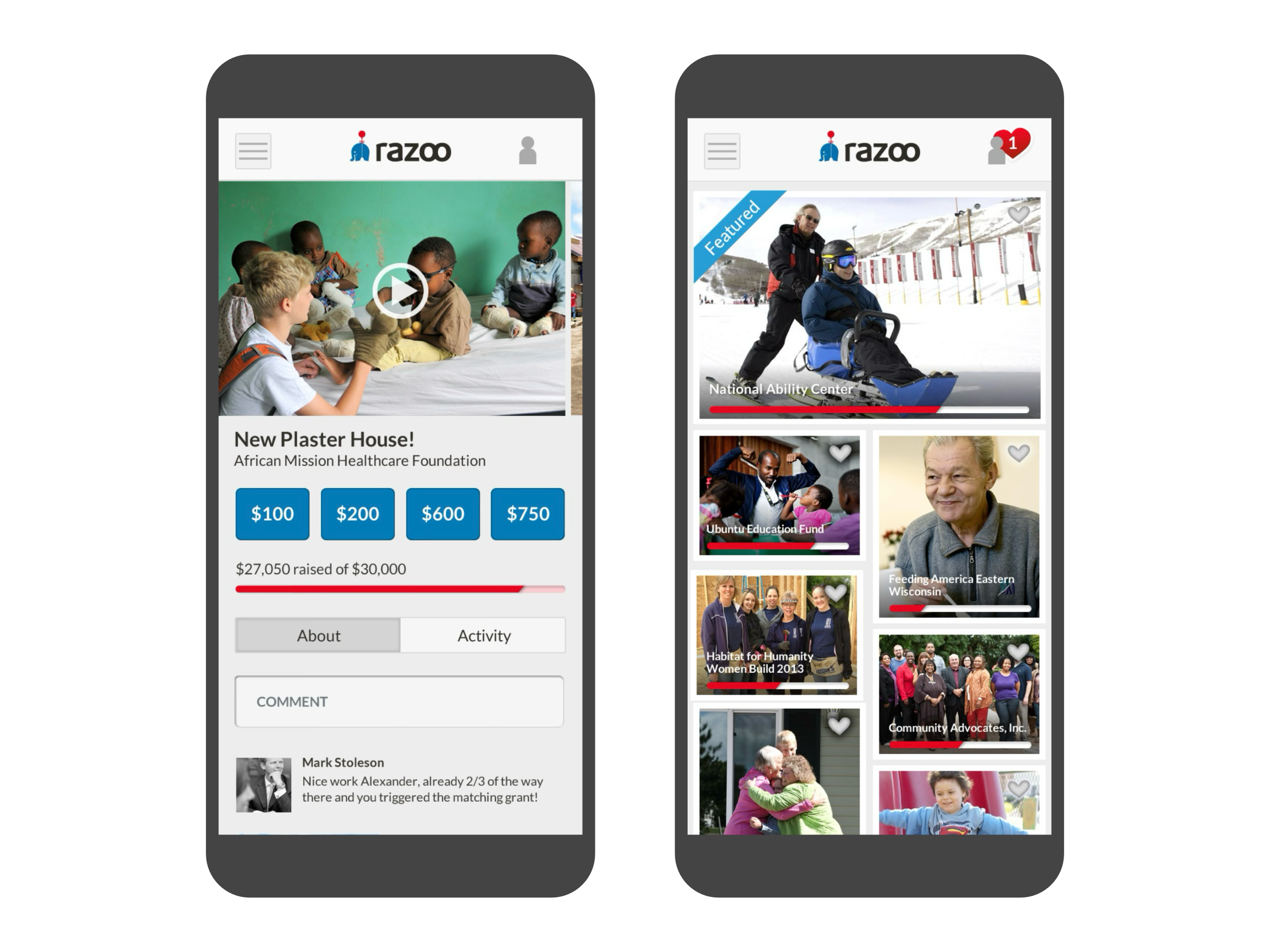 picture showing rapid prototypes of concepts to test mobile product designs for Razoo